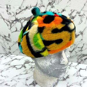 Men Women Black Multicolor Letter Fluffy Faux Fur Warm Beret Hat